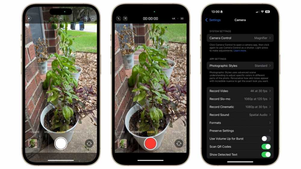 Three smartphone screens show a garden with potted plants, camera viewfinder, and camera settings menu displaying video resolution and features like QR code scanning.