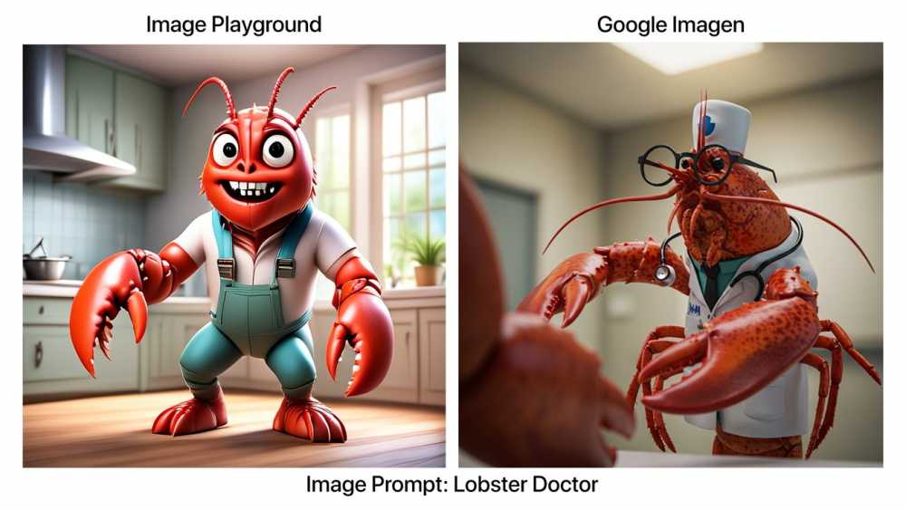 Cartoon lobster in overalls smiles in a kitchen; realistic lobster wearing glasses and stethoscope appears in a clinical setting.