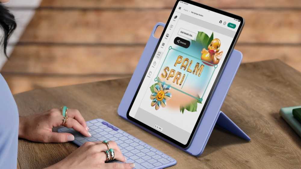 Person typing on a blue keyboard, with a tablet displaying colorful Palm Springs vacation graphics, featuring a duck and a smiling flower.