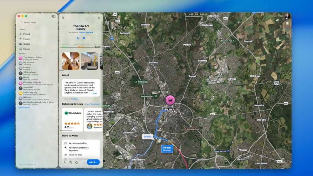 Map interface showing a route to The New Art Gallery in Walsall, England, with text details, reviews, and two route options.