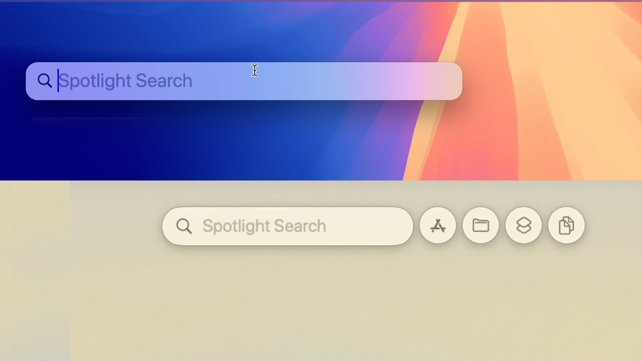 Two spotlight search bars; the top with a blue gradient background, the bottom on a beige background with four icon buttons beside the search bar.