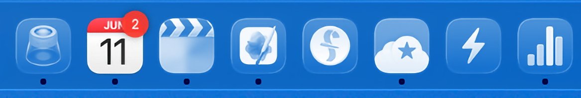 Row of seven blue app icons on a blue background, including a calendar showing June 11 with a notification badge and various other symbolic designs.