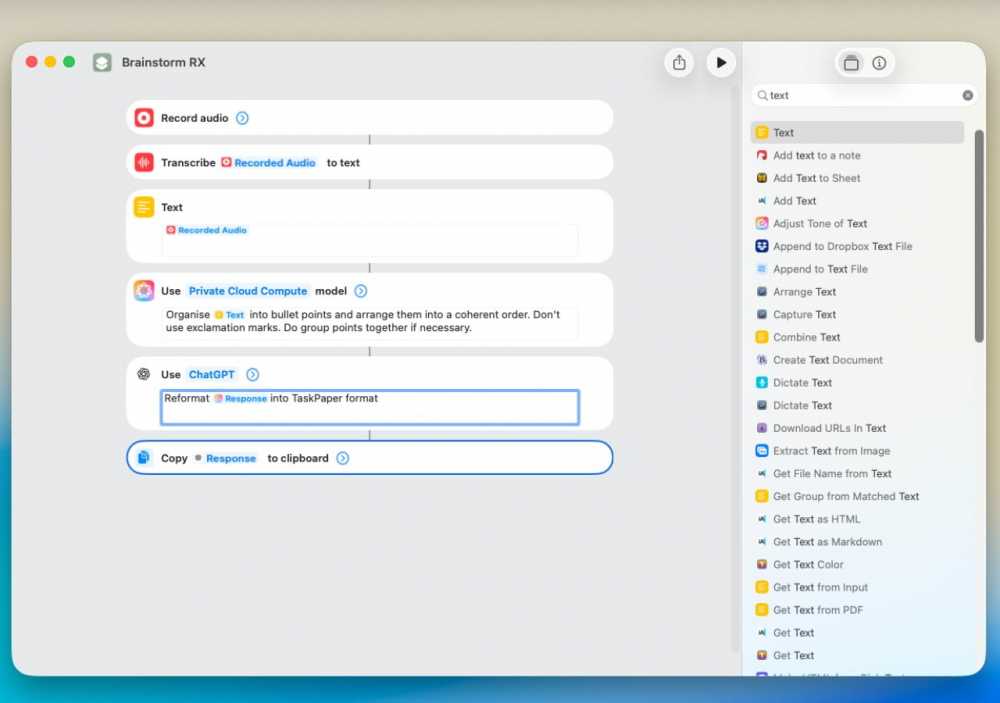 A workflow interface displays steps for recording audio, transcribing to text, organizing using a cloud model, reformatting with ChatGPT, and copying to clipboard. Sidebar features various text-related actions.