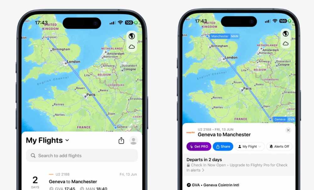 Two smartphones display a flight path map from Geneva to Manchester, including details such as flight number, date, and departure times.