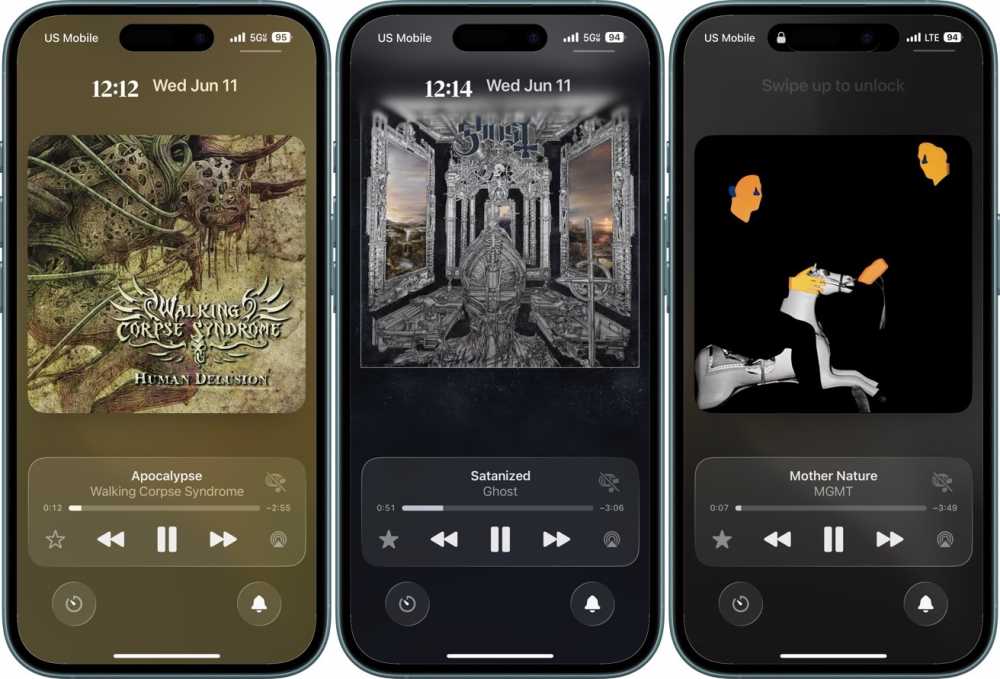 Three smartphone screens displaying different album artwork and music player interfaces with titles: Apocalypse, Satanized, and Mother Nature.