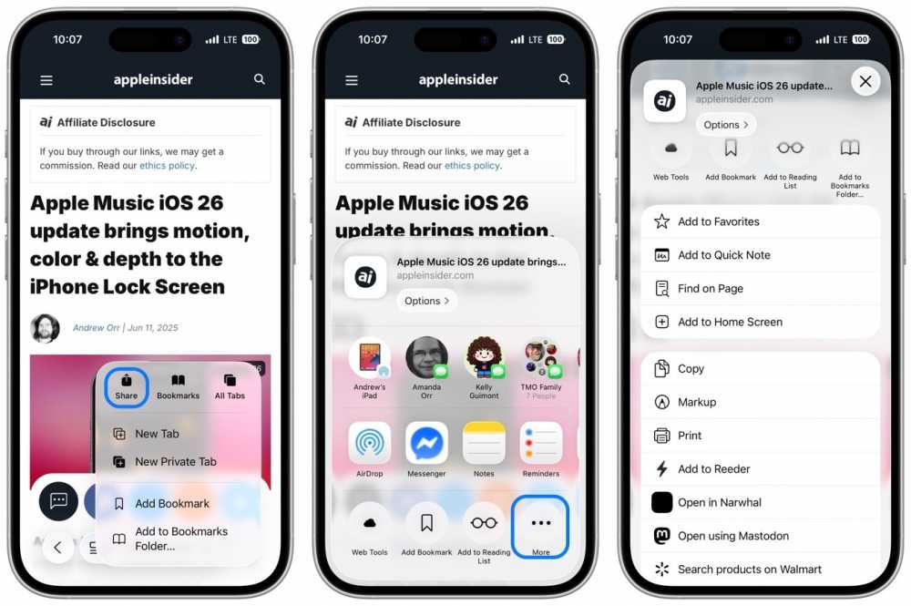 Three smartphones displaying a webpage about Apple Music iOS 26 update. The screens show sharing options, bookmarks, apps, and contact icons in pop-up menus.
