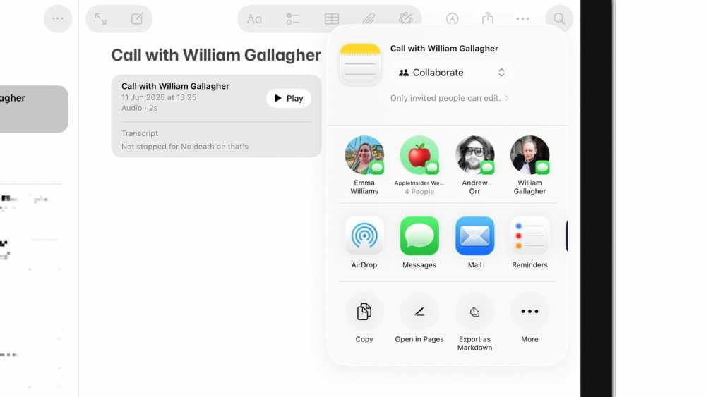 界面显示参与者，包括 Emma Williams、Andrew Orr、William Gallagher。下方有 AirDrop、信息、邮件、提醒事项等选项，以及更多操作。