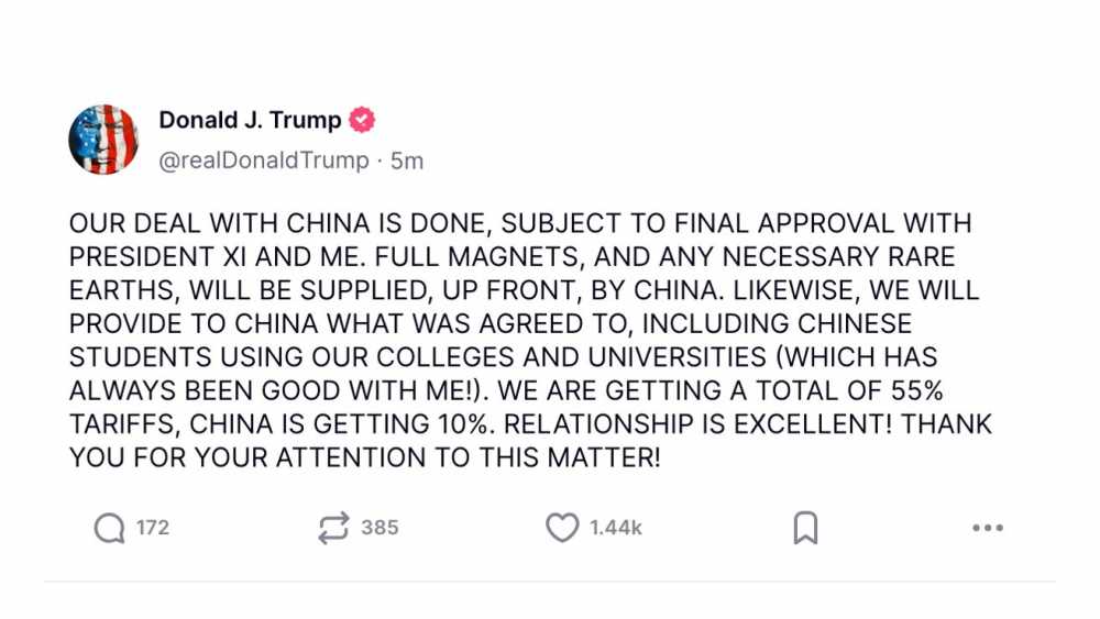 Social media post by a verified user discussing a completed deal with 中国, mentions tariffs, rare earths, and university use. Includes engagement statistics below the message.