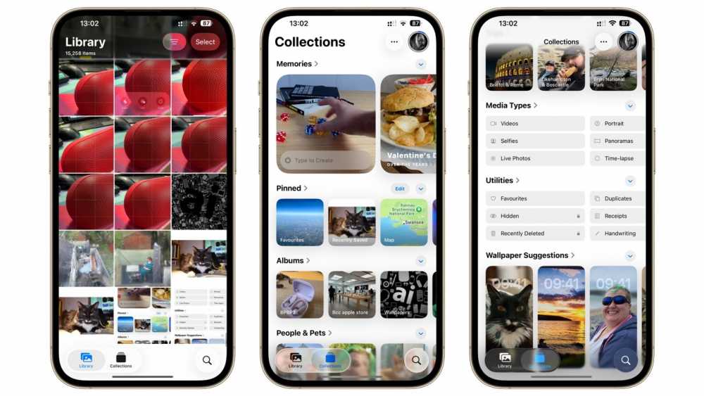 Three smartphone screens showing photo library, collections with albums and memories, and media type categories. Contains various images, including a sandwich, dice, and cats.
