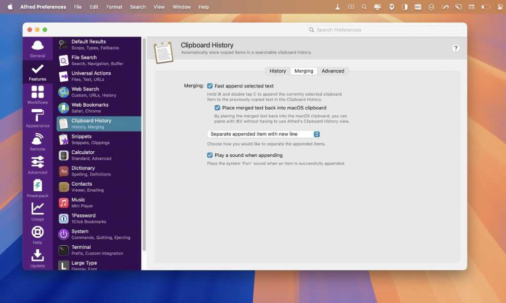 Alfred Preferences window showing Clipboard History settings with options for merging, sound notifications, and clipboard integration. Sidebar displays various features and workflows.