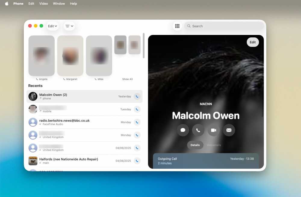 Contact list interface showing recent calls and a profile for Malcolm Owen with call options and call duration.