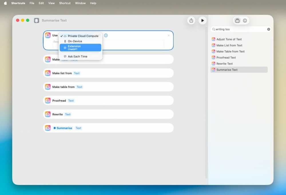 A computer screen displaying a text summary tool with menu options like adjusting text tone, making lists, tables, and proofreading, featuring a dropdown for cloud or device processing.