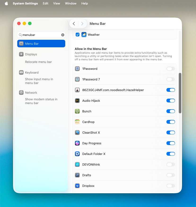 Settings window displaying menu bar options with toggle switches for various applications like Weather, 1Password, and Dropbox, showing which are active or inactive.
