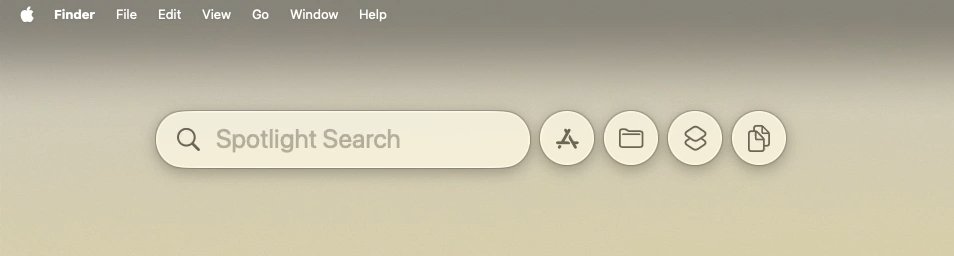 Screen showing a beige search bar labeled Spotlight Search, with icons for Finder, Applications, and other tools on a gradient background.