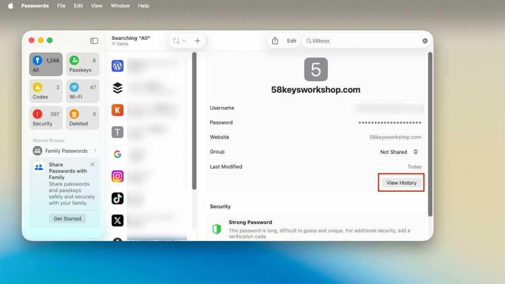 Password manager interface with website login details displayed, security status, and options to share passwords with family. Various app icons are listed on the left sidebar.