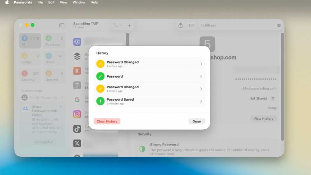 Password manager application showing history of recent password activities, including changes and saves. Options to clear history or confirm actions with done button.