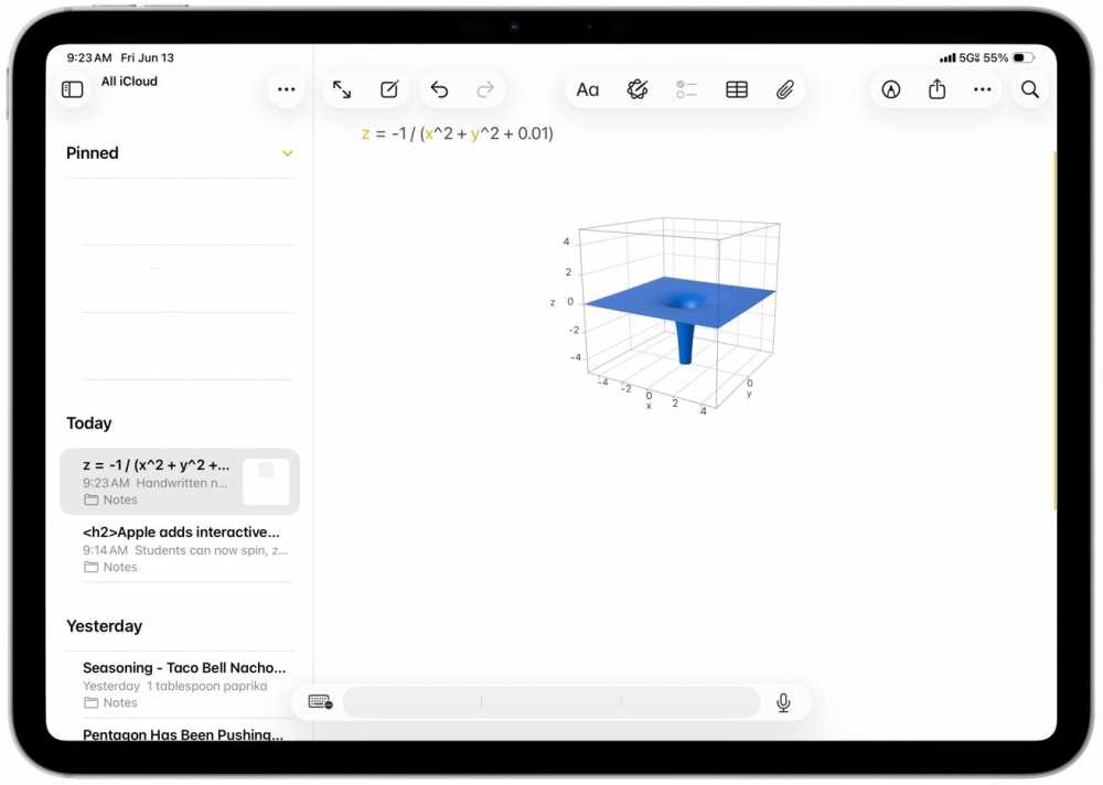 A 3D graph on an iPad screen displaying a blue funnel shape representing the function z = -1/(x + y + 0.01) with grid lines and axes labeled x, y, z.