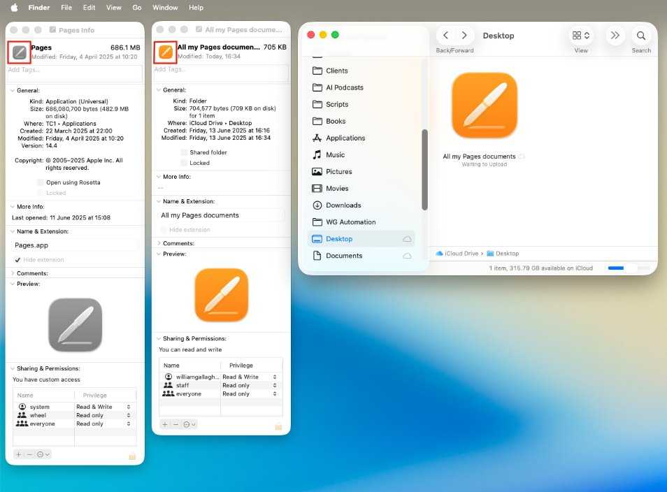 Mac Finder window showing file information for 'Pages' app and 'All my Pages documents' folder. Includes details like size, version, permissions, and folder location.