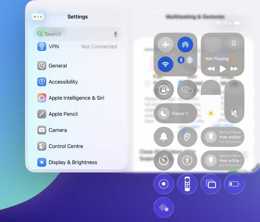 Device settings menu on the left, including VPN and accessibility options. Control center icons on the right, featuring Wi-Fi, Bluetooth, and brightness controls.
