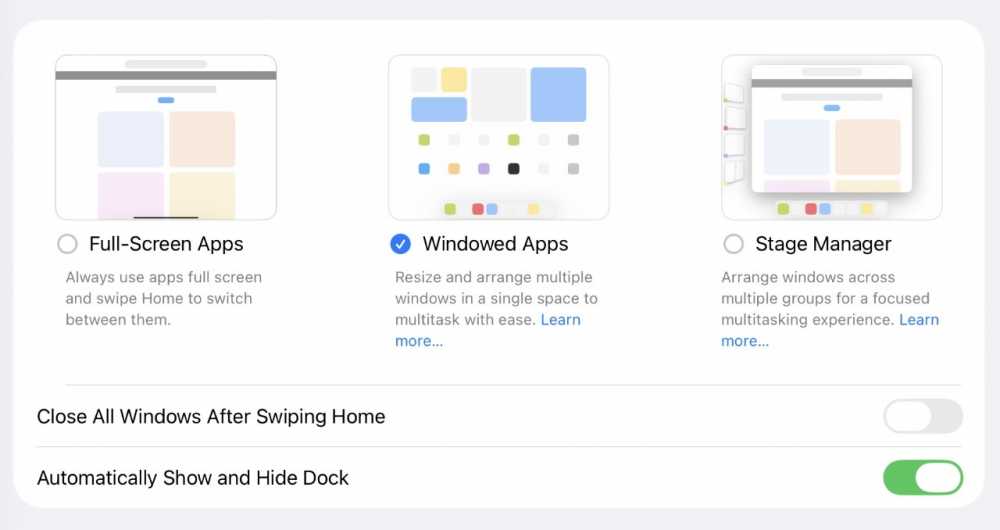 Three app management options include Full-Screen Apps, Windowed Apps, and Stage Manager, with Windowed Apps selected. Two toggles below: Close All Windows and Automatically Show and Hide Dock.