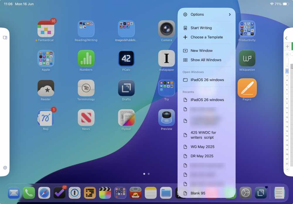 iPad home screen with various app icons, including Fantastical, Numbers, and Camera. A sidebar shows options for writing and templates, with recent document names listed.