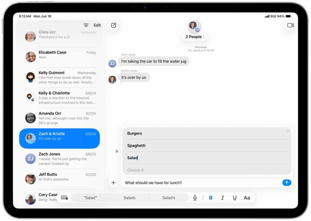 Tablet screen displaying a messaging app with a conversation about filling a water jug and lunch options including burgers, spaghetti, and salad. Contacts and conversation list visible.