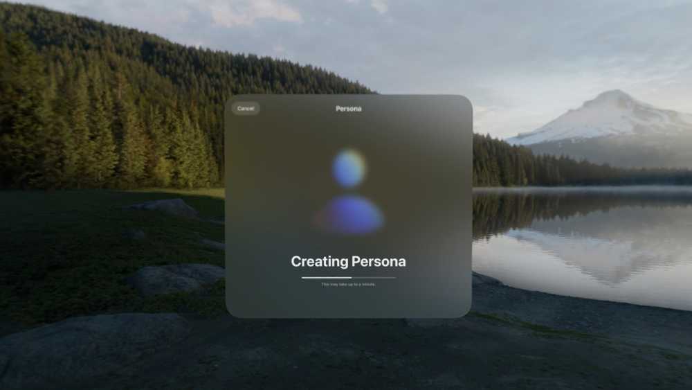 Mountain lake at sunrise with forest reflection, blurred interface overlay labeled Creating Persona, progress bar below text.