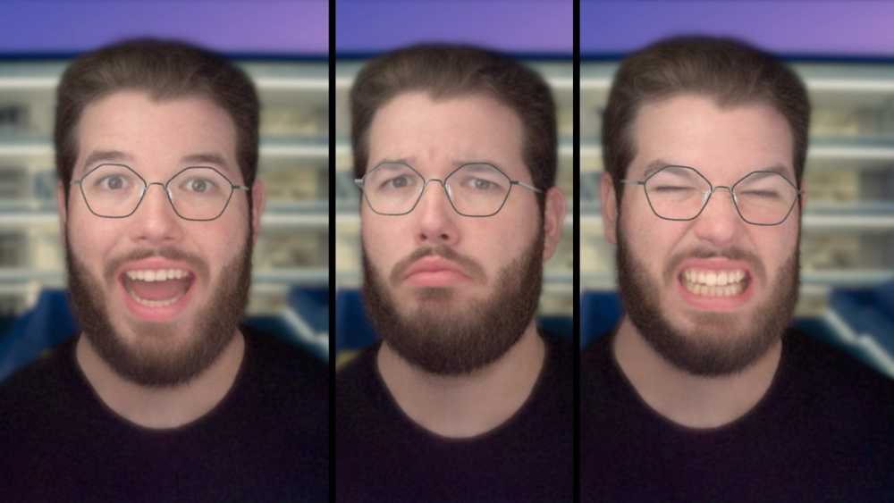 Three portraits of a bearded man wearing glasses, displaying different expressions: smiling widely, looking sad, and grinning with closed eyes.