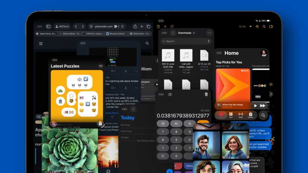 Overlapping app windows including puzzles, calculator, music, plants, files, messages, and social media on a tablet screen with a black and blue background.