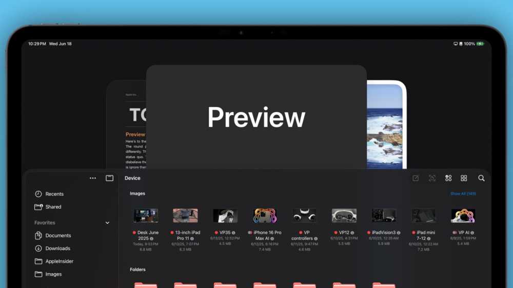 A tablet screen displays a file management app with folders and image thumbnails, featuring a prominent 'Preview' window overlay. The interface includes sidebar navigation on the left.