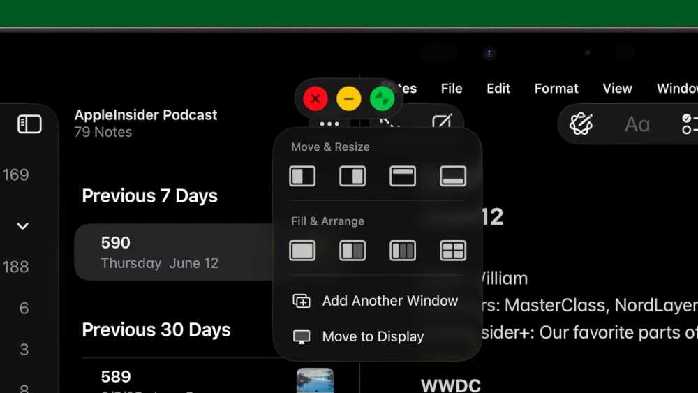 Computer screen displaying note-taking app, with options for window arrangement featuring icons, text labels, and colorful window control buttons.