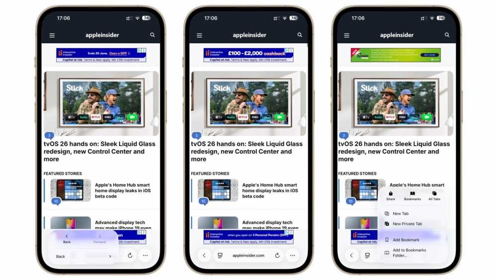 Three smartphones showing a tech news website with articles on tvOS 26, a Home Hub smart display, and advanced iPhone display technology. Navigation and bookmark options are visible.