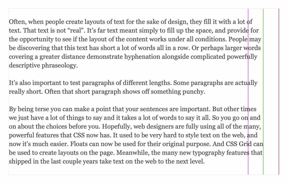 Paragraphs of different lengths with three vertical lines on the right side, colored purple, red, and green. Text discusses layout and typography in web design.