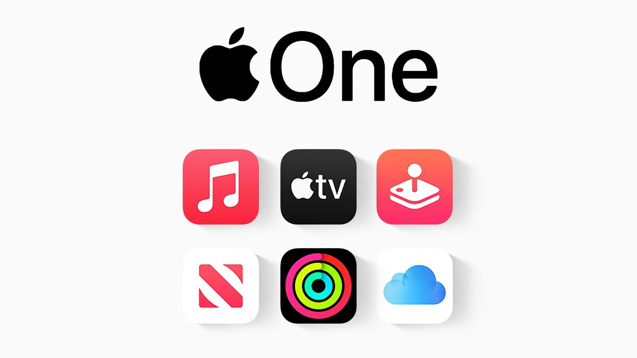 Apple One logo above six app icons: Music, TV, Arcade, News, Fitness, iCloud. Each icon has a distinctive design and color, arranged in two rows.