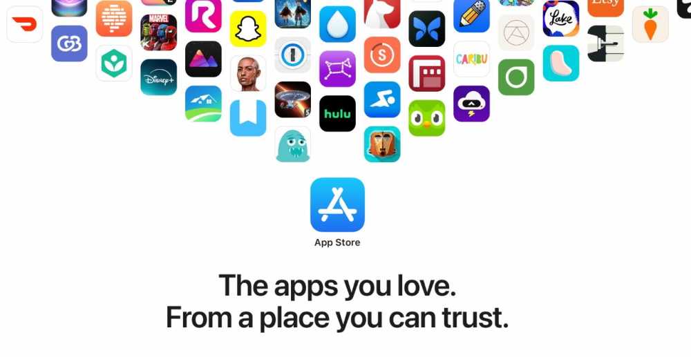 App icons form a heart shape above the App Store logo with the text, 'The apps you love. From a place you can trust.'