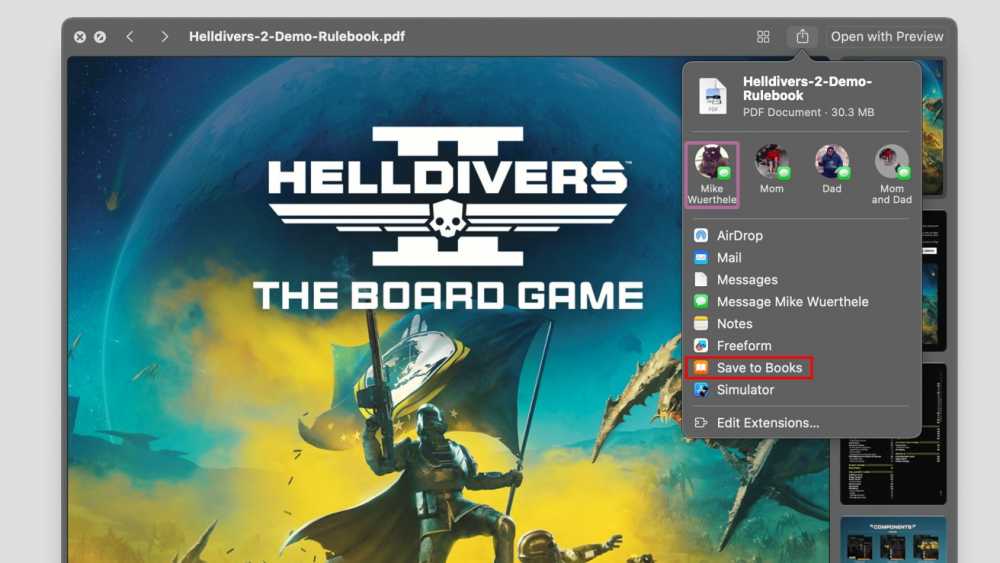 A board game cover featuring a space warrior holding a large weapon and flag, against a blue and yellow cosmic background, with a floating menu for saving or sharing the file.