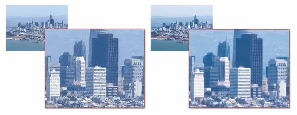 Two versions of a cityscape featuring tall buildings, with the right version appearing clearer and more detailed than the left.