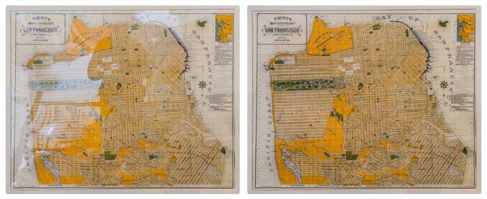 Two vintage San Francisco maps with detailed grid layout, highlighting streets, parks, and coastline, featuring bold orange and green areas and text boxes for key locations.