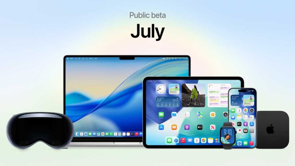 Various Apple devices including a laptop, tablet, smartphone, smartwatch, VR 头显, and desktop box, displayed with text saying Public beta July against a light gradient background.