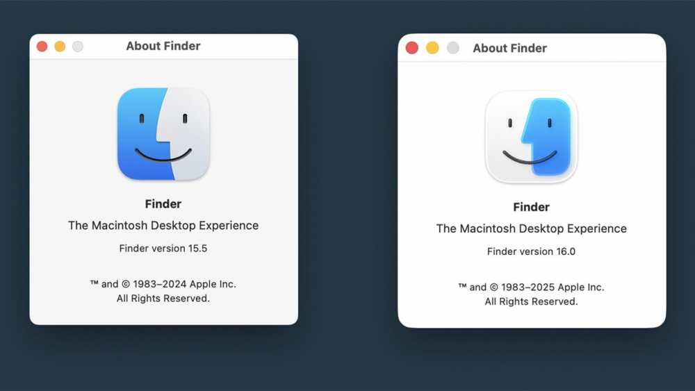 Two Finder version screens side by side, displaying version 15.5 and 16.0 with Finder logo and copyright details.
