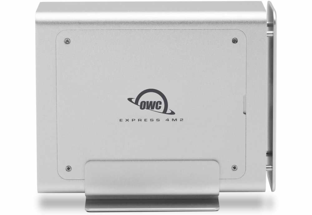 Silver rectangular external hard drive enclosure with rounded edges and OWC logo, standing upright on a small base.