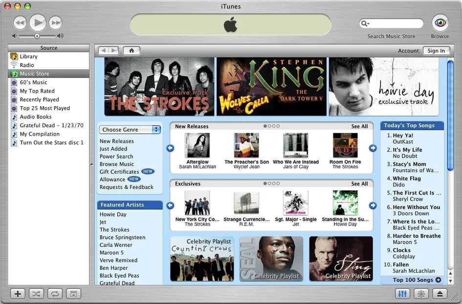 iTunes interface with music library, featured artists, new releases, and top songs list. Includes media controls, search bar, and scrollable side panel with music categories.