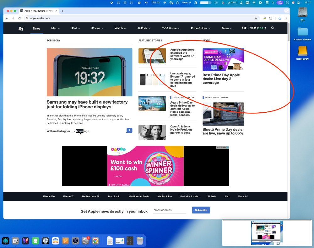 Webpage with articles about technology news, featuring headlines, thumbnails, and promotional content. A desktop background with icons is partially visible behind the open web browser.