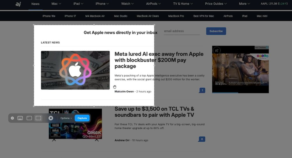Website with an article headline about Meta poaching an AI executive from Apple, featuring a colorful Apple logo on a dollar bill background.