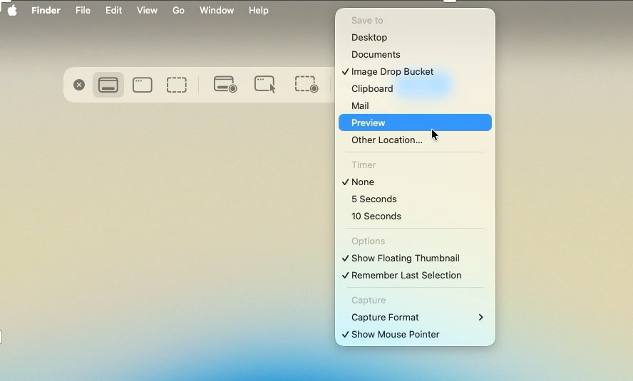 Screenshot of a Mac interface with a dropdown menu offering different save options and configuration settings for taking screenshots.
