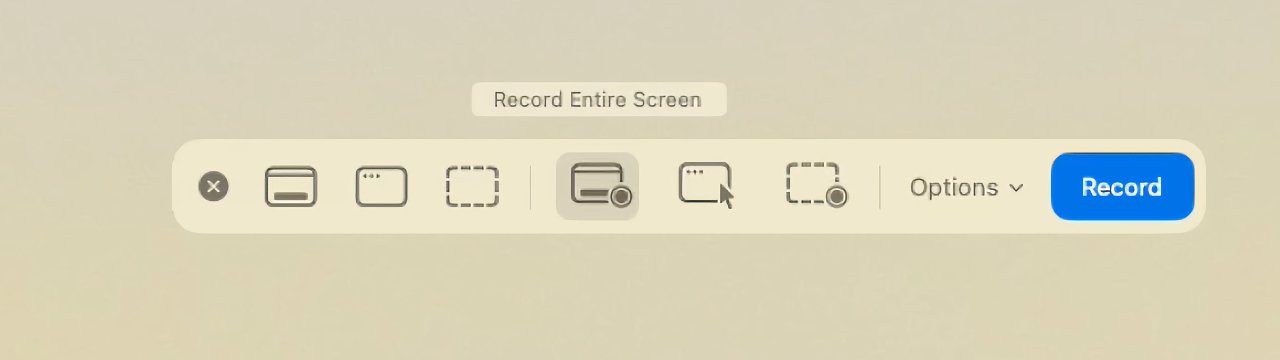 Toolbar with screen recording options including entire screen, selected window, and custom area. Options and record button are also visible.