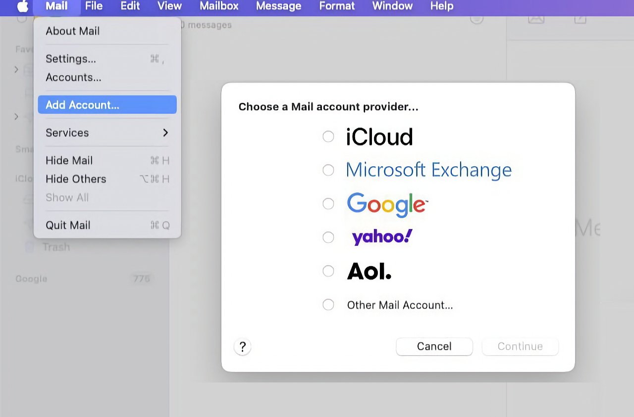 邮件应用显示了添加iCloud、Microsoft Exchange、Google、Yahoo!、AOL或其他邮件账户的选项。底部有取消和继续按钮。