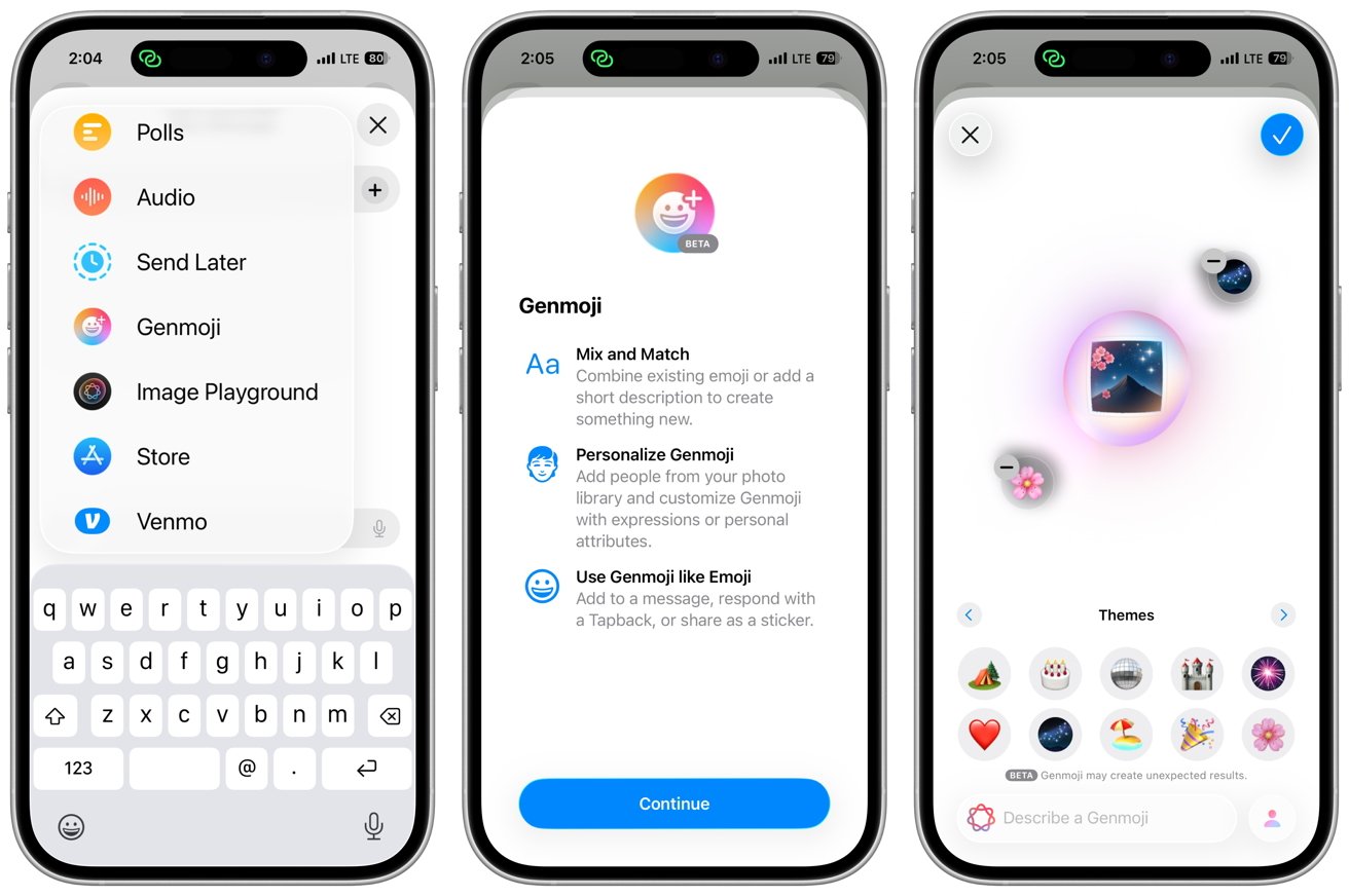 Three smartphone screens display messaging app features including emoji customization options, a list of functions like polls and audio, and a visual Genmoji creator with icons for themes.