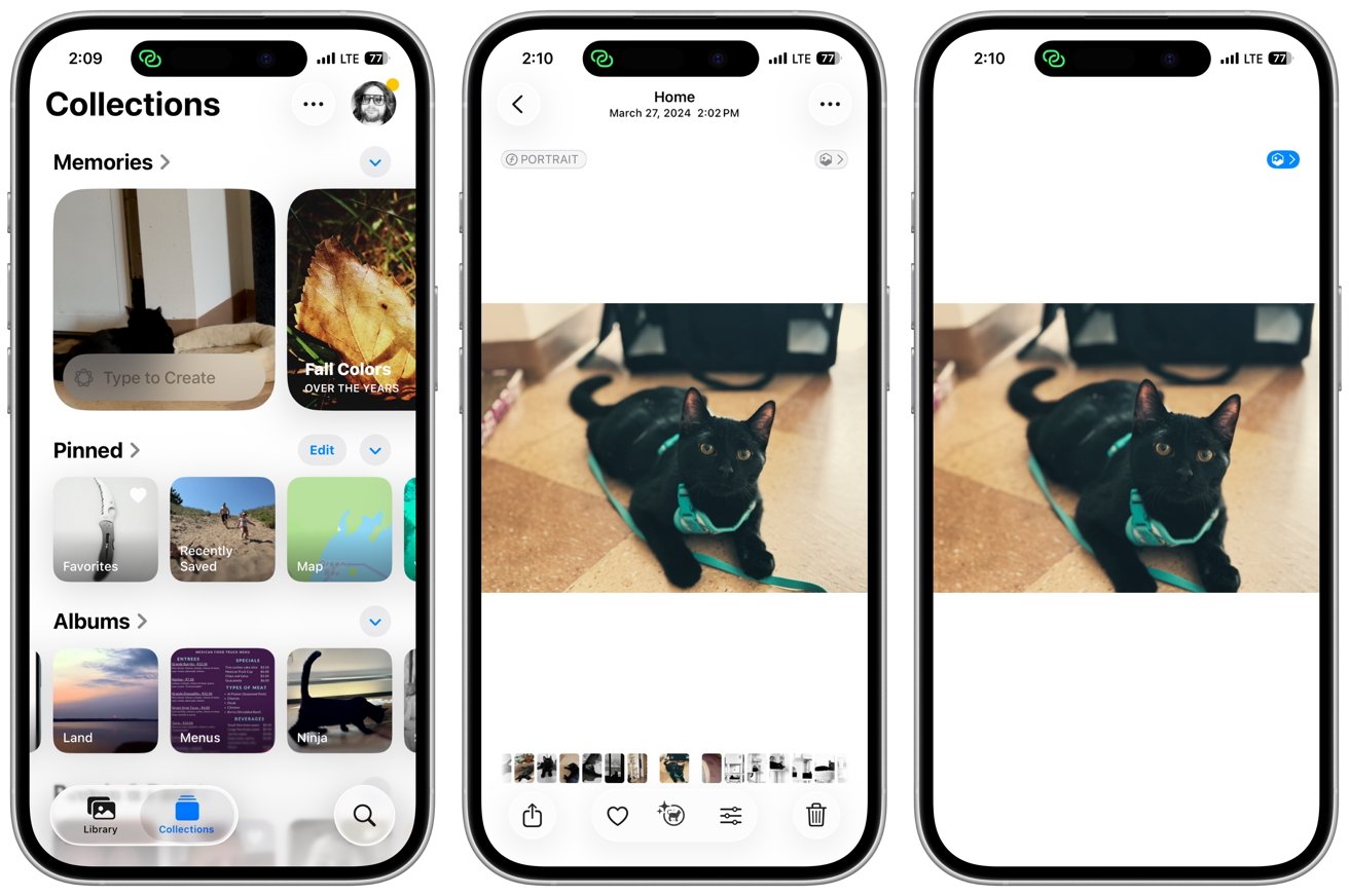 Three smartphone screens show a photo app interface with a black cat wearing a green harness, lying on a tile floor.