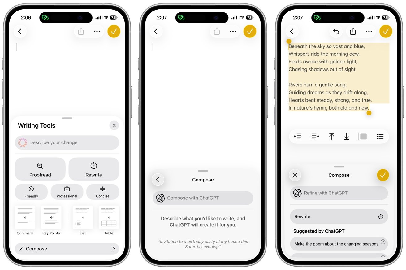 Three smartphone screens displaying a note-taking app. Features include composing, proofreading, rewriting, and refining text. The screens show different stages of creating and editing a poem.